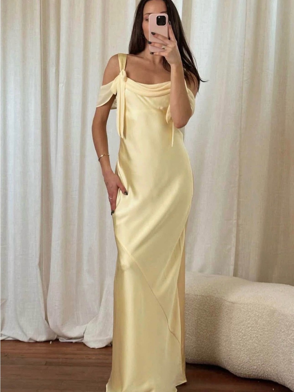 Show Me Your MuMu Pale Yellow Satin Off-Shoulder Maxi Dress